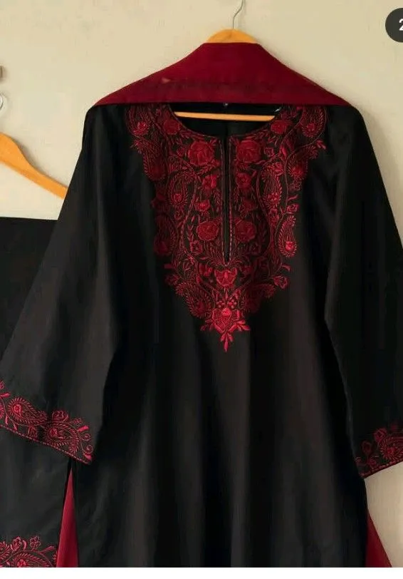 Black Jet Cotton Kurta Set with Crimson Kashmiri Paisley Embroidery