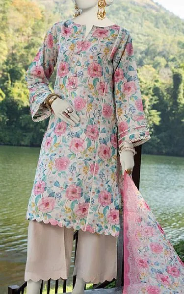 Blossom Pink Floral Printed Lawn Kurta Set with Scalloped Hem