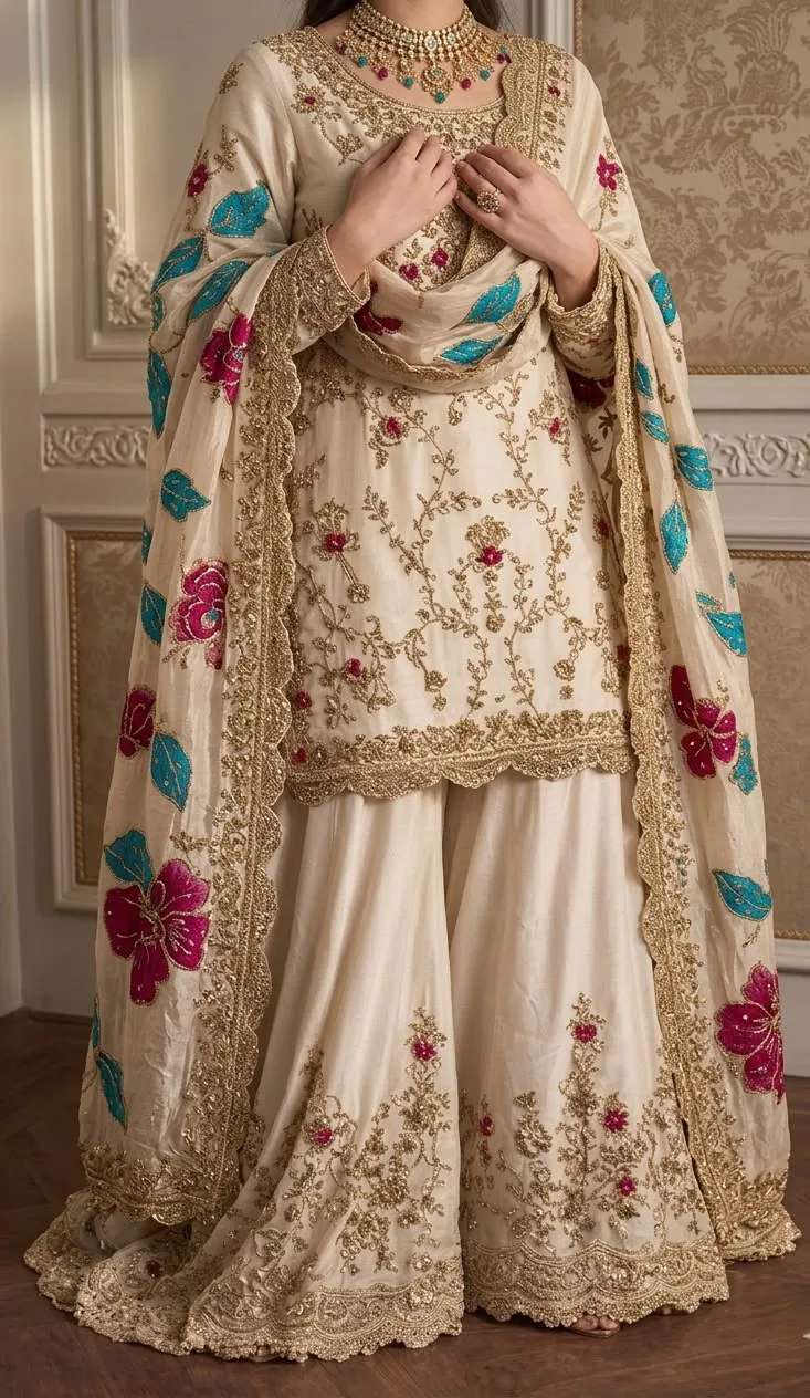 Pearl Ivory & Magenta Floral Embroidered Bridal Sharara Set