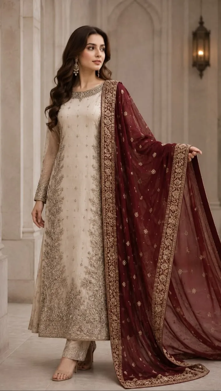 Ivory & Maroon Heavily Embroidered Long Anarkali Bridal Suit