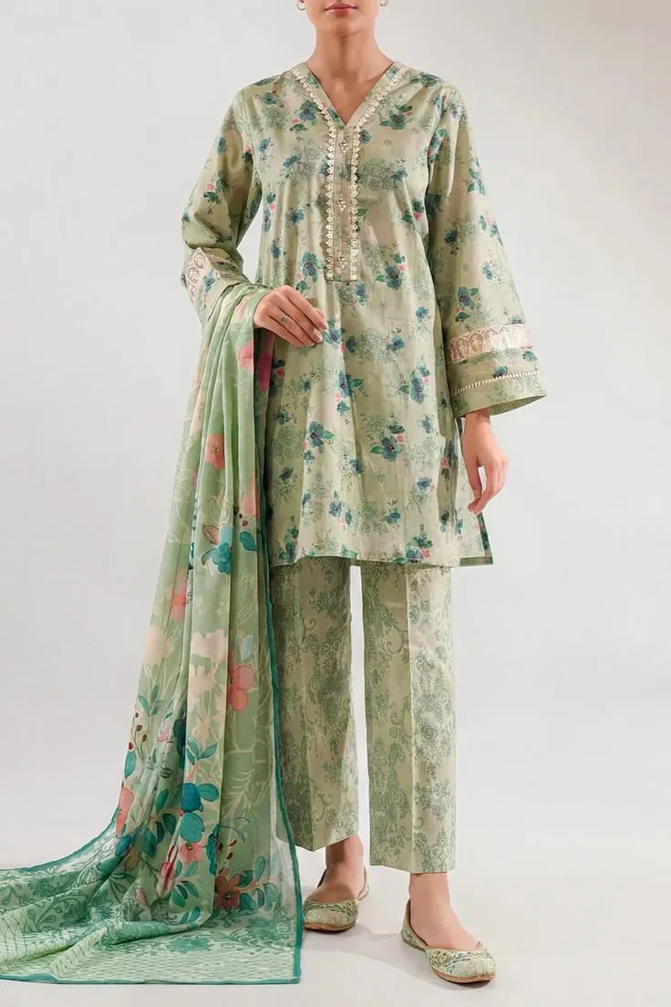 Sage Green Floral Printed 3-Piece Ready-to-Wear Lawn Suit