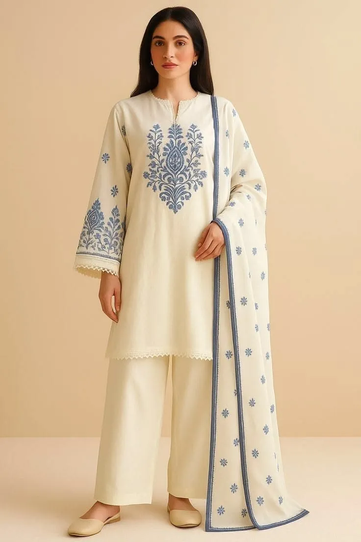 Off-White & Indigo Blue Embroidered Cotton Kurta Set with Dupatta