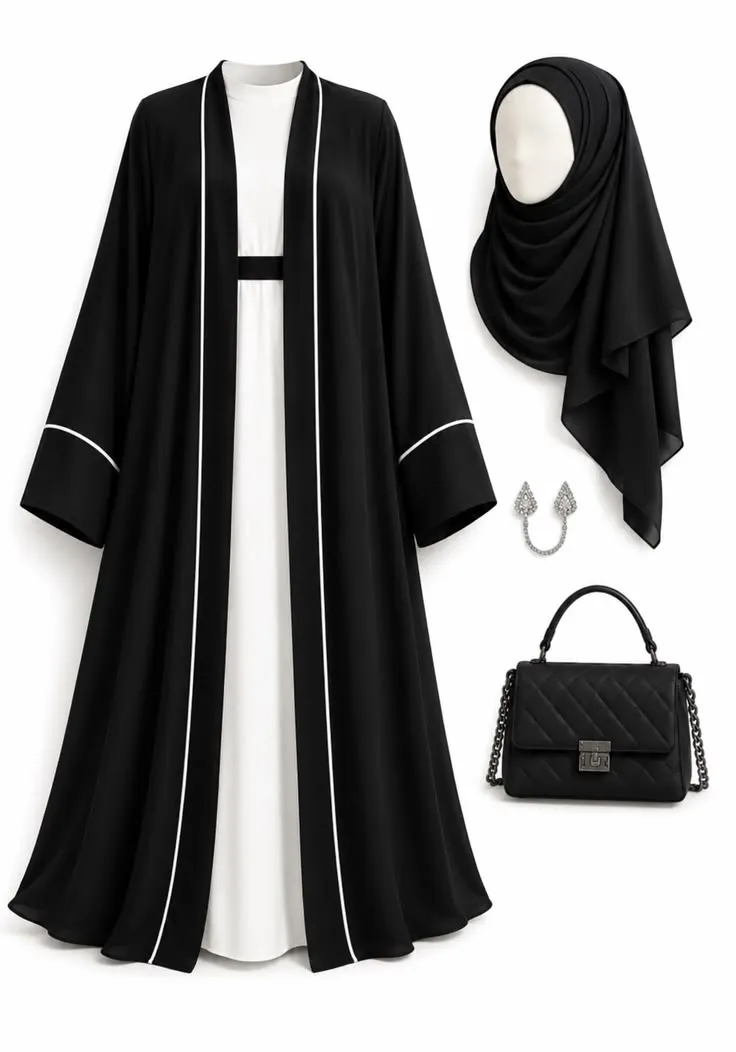 Two-Piece Layered Black & White Abaya Set with Contrast Piping