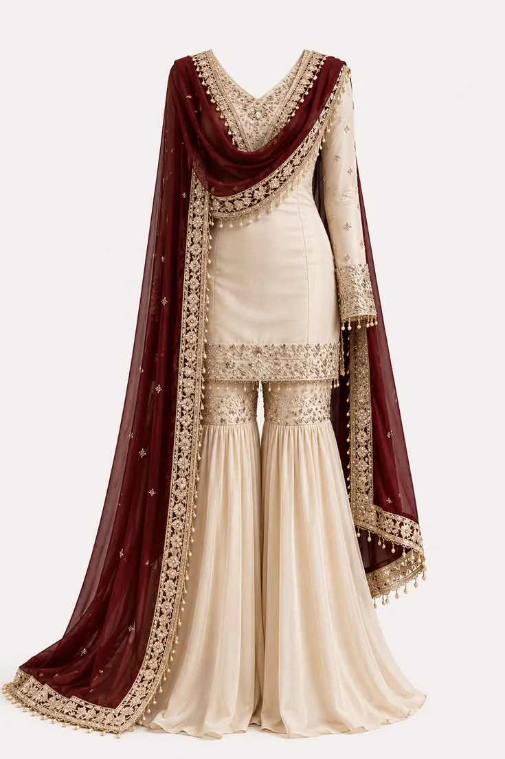 Royal Ivory & Deep Maroon Zardozi Heavily Embroidered Sharara Set