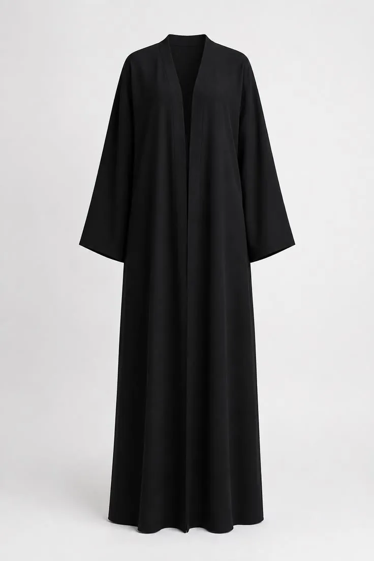 Essential Jet Black Open Front Abaya – Wide Kimono Sleeve