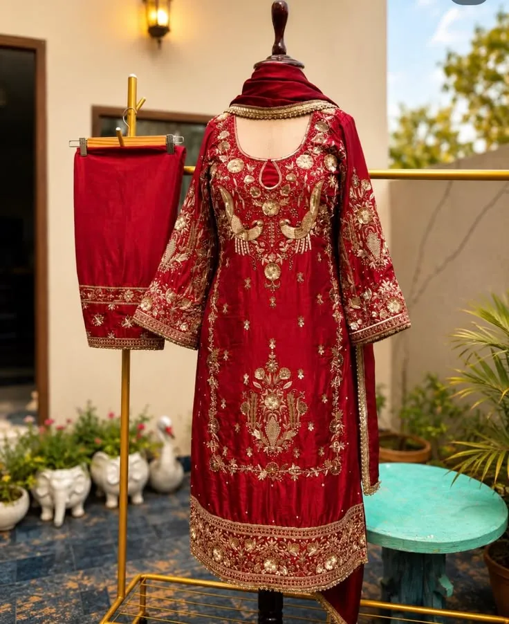 Deep Crimson Maroon Silk Kurta Set with Gold Peacock Zardozi Embroidery