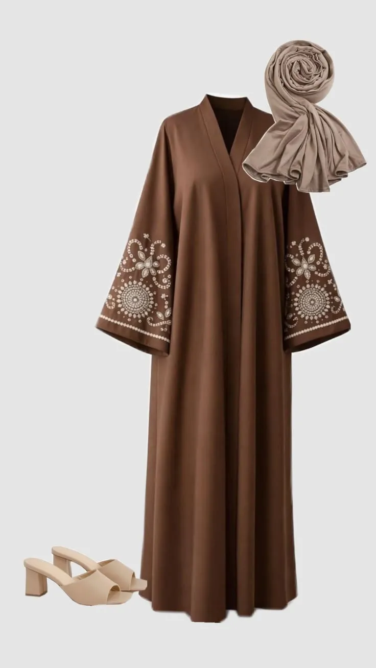 Warm Brown Open Abaya with Intricate Sleeve Embroidery & Hijab Set