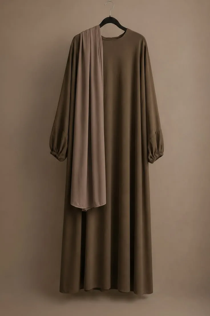 Olive Brown Modest Closed Abaya & Scarf Two-Piece Se