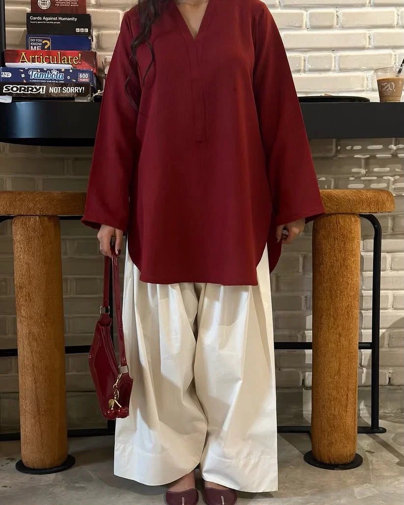 V-Neck Round Style Kurti with Farshi Trouser 2PCs
