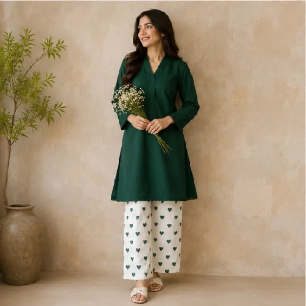Lace Work On Border,Sleeve Shirt With Green Heart printed Flapper *Independence Day 2Pcs* 🇵🇰