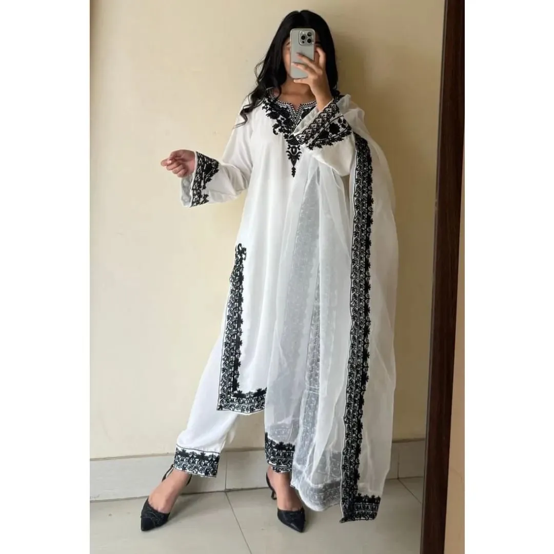 Neck,Sleeves Shirt Border With Four Sided Heavy Embroidery Dupatta 3Pcs