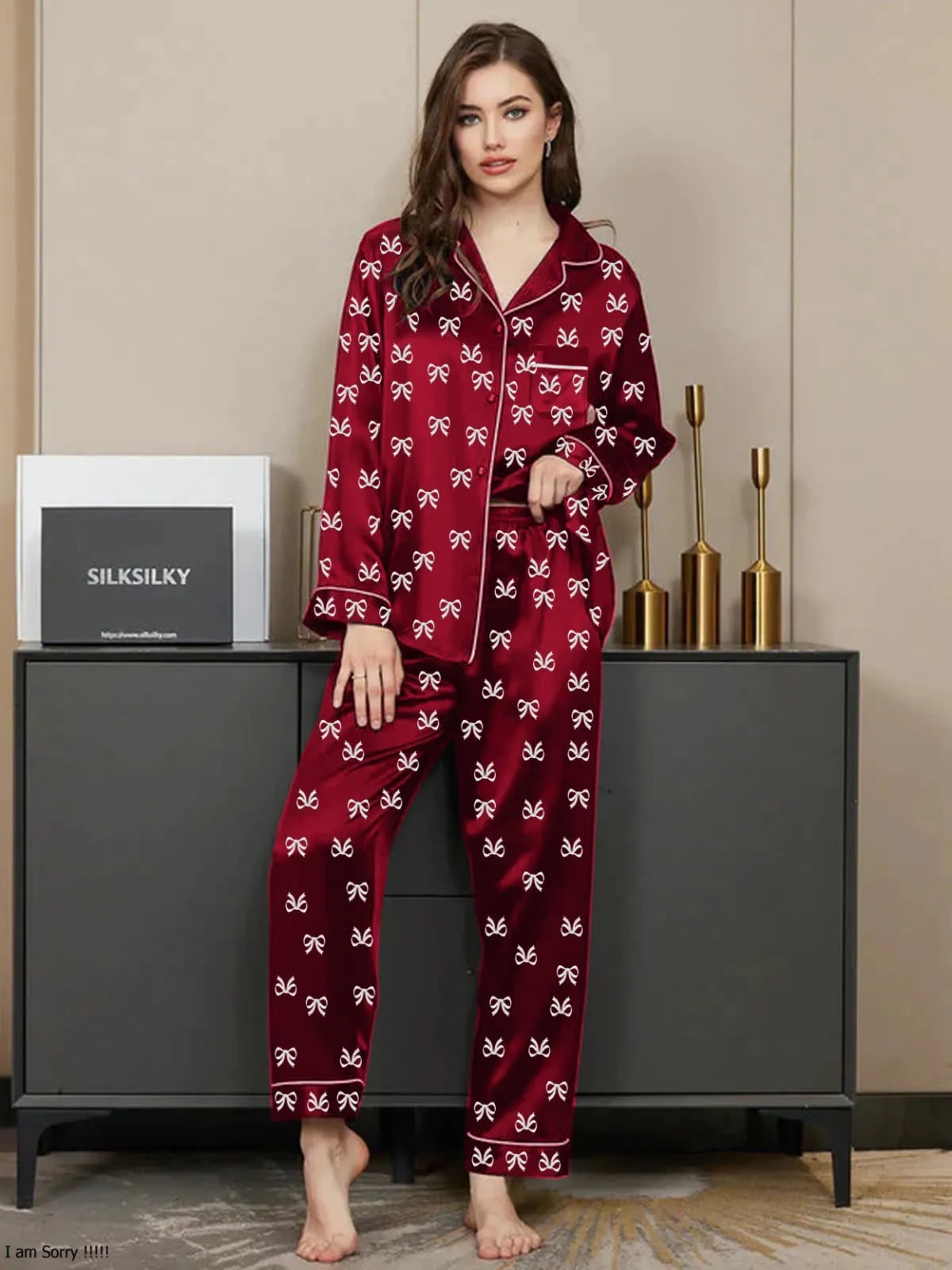 Front And Back Bow Print Piping Work On Shirt and Trouser Night Wear Suit 3Pcs