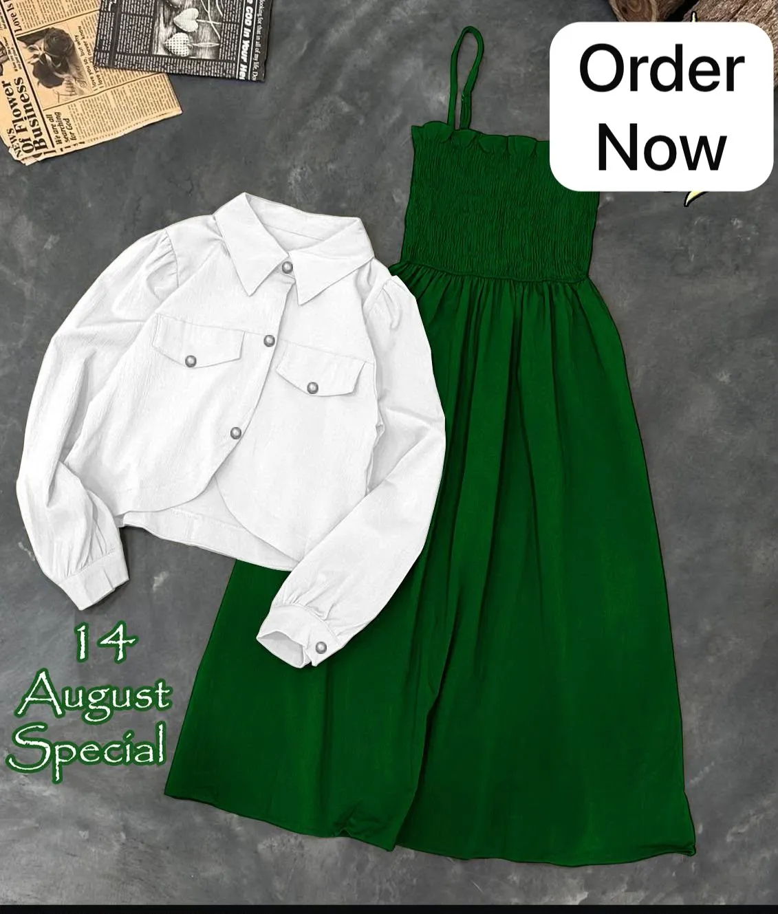 Green/White Kaaj Button Coati With Gazzer Romper Frock 2Pcs