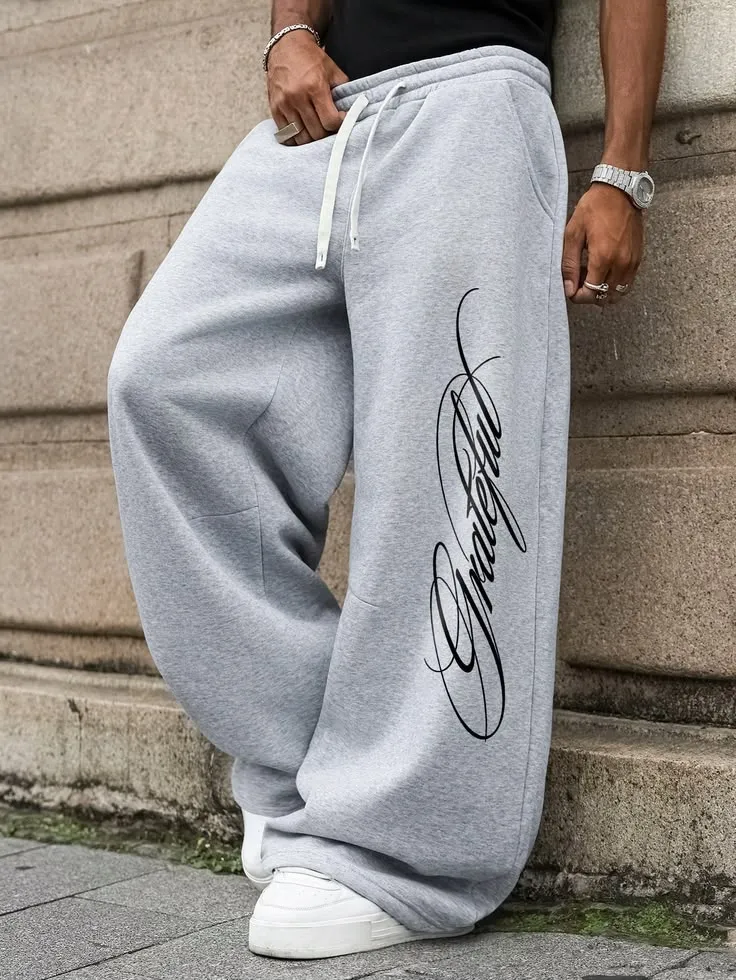 "Grateful" Script Graphic Wide-Leg Sweatpants – Heather Grey