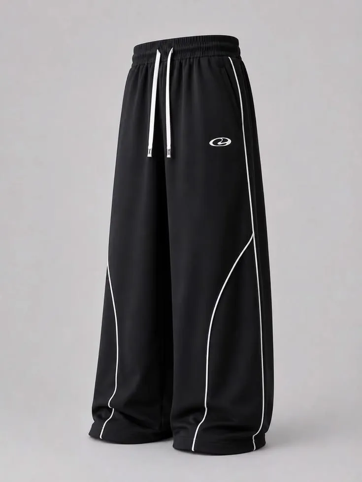 Wide-Leg Contrast Piping Track Pants – Jet Black