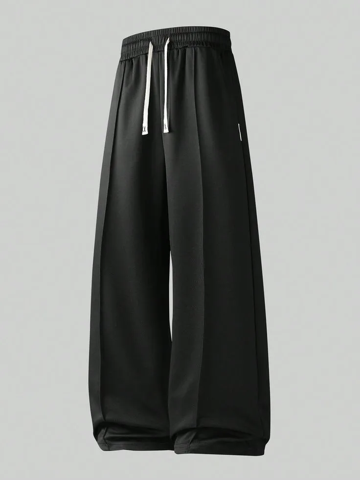 Wide-Leg Pleated Drawstring Trousers – Solid Black