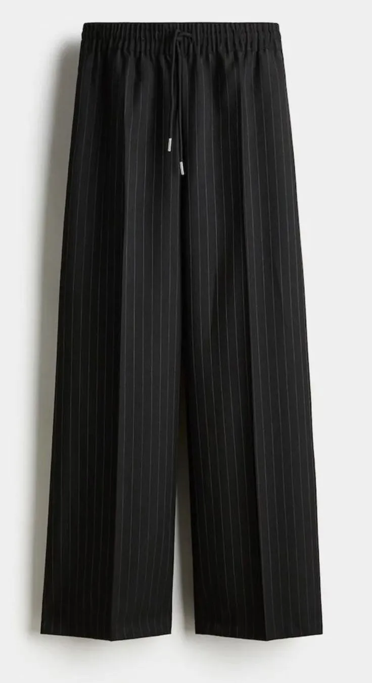 Wide-Leg Pinstripe Drawstring Trousers – Black & White