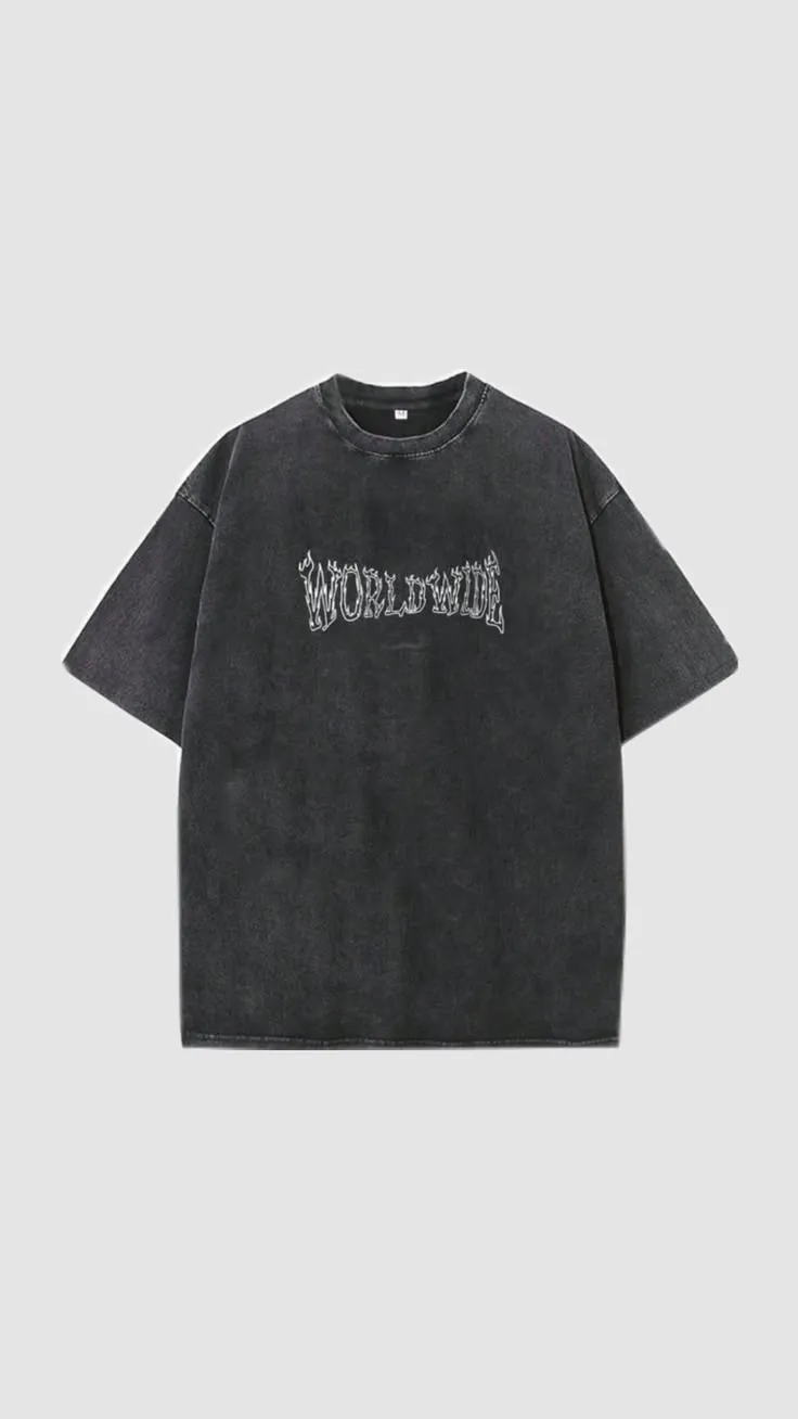 "WORLDWIDE" Flame Graphic Acid Wash Oversized Tee – Charcoal
