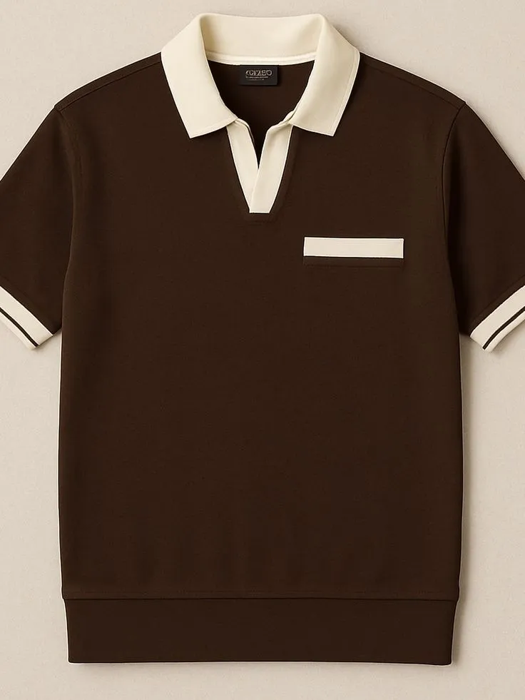 Retro Contrast Open-Collar Polo – Espresso & Cream