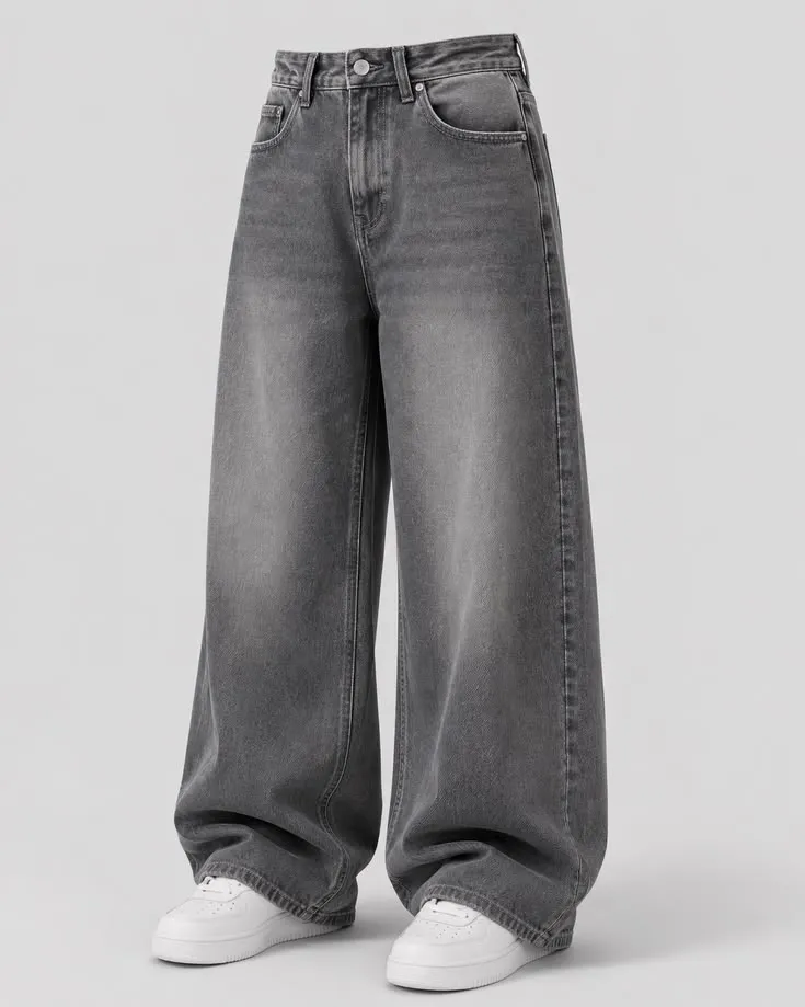 Wide-Leg Baggy Washed Denim Jeans – Vintage Grey
