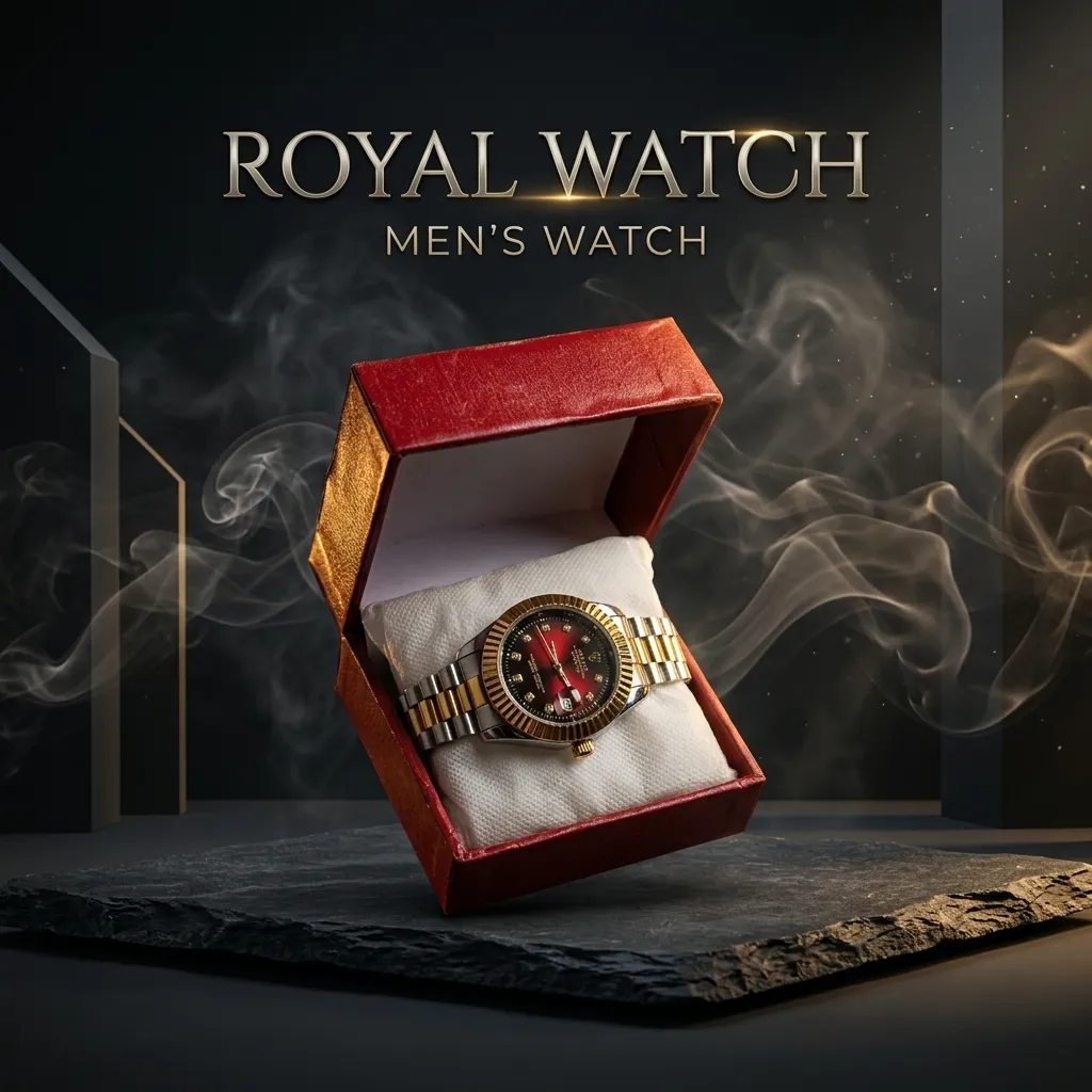 ROLEX Red & Black Watch Golden Silver Steel Strap