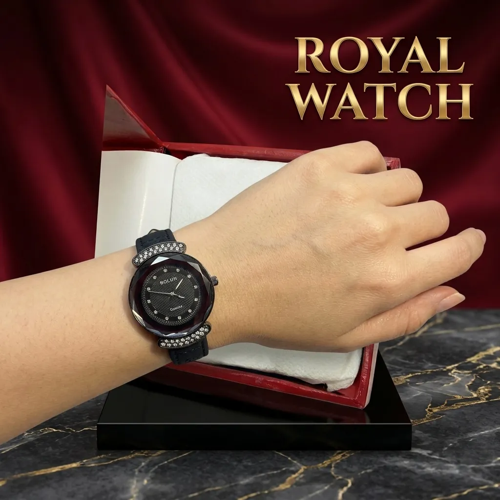 Women’s Black & Silver Watch Black Leather Strap
