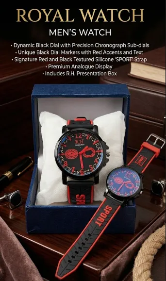 Black & Red Sport Watch Black Red Leather Strap