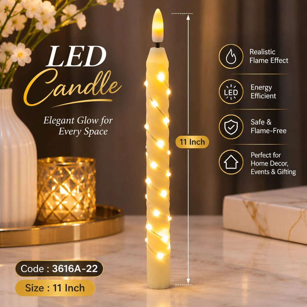 🕯️ LED Candle – Elegant & Safe Lighting ✨ Create a warm and cozy atmosphere with these beautiful LED candles! Perfect for adding a touch of elegance to your home decor without the mess of traditional candles