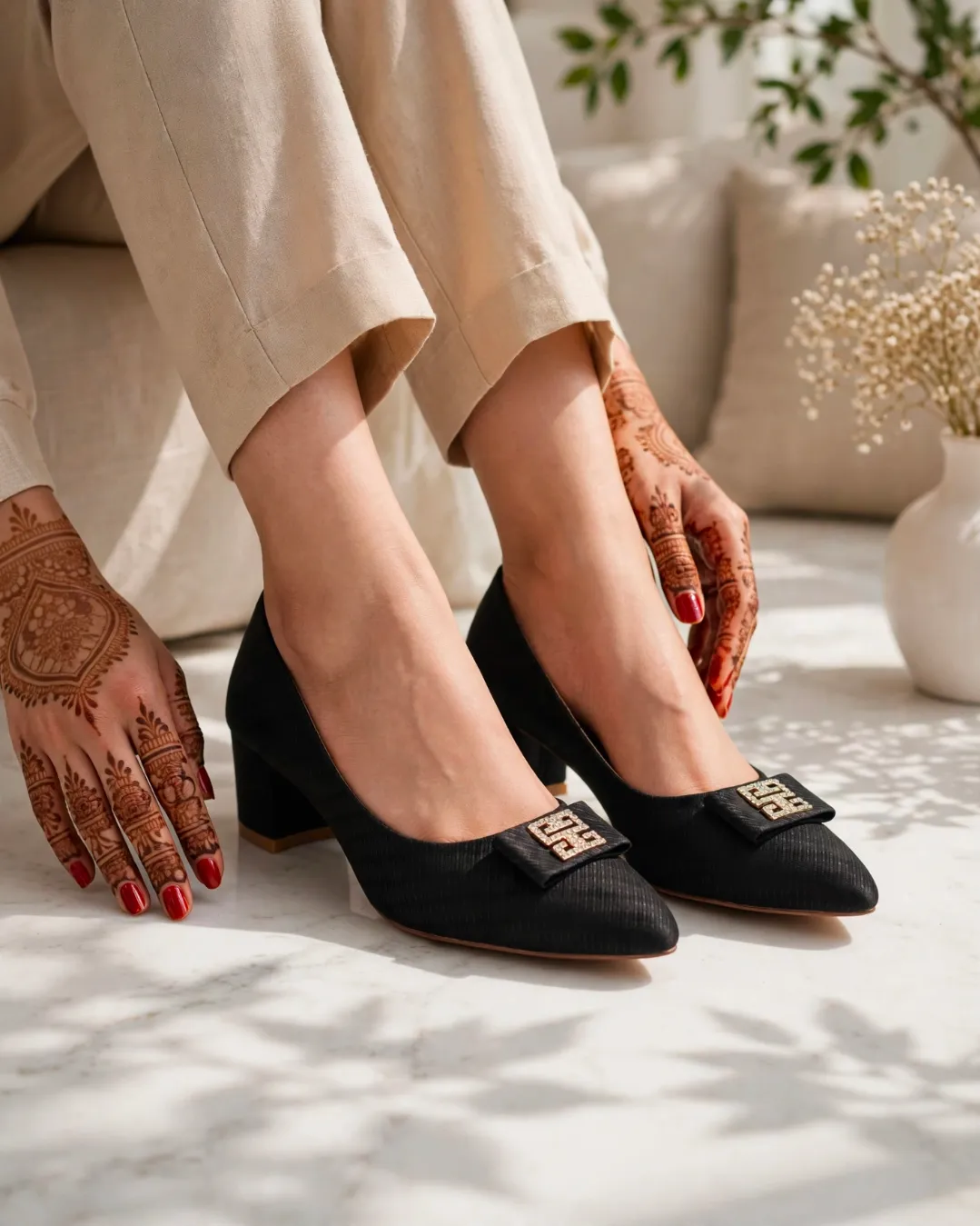 Elegant Black Block Heel Pumps with Gold Detail for Women