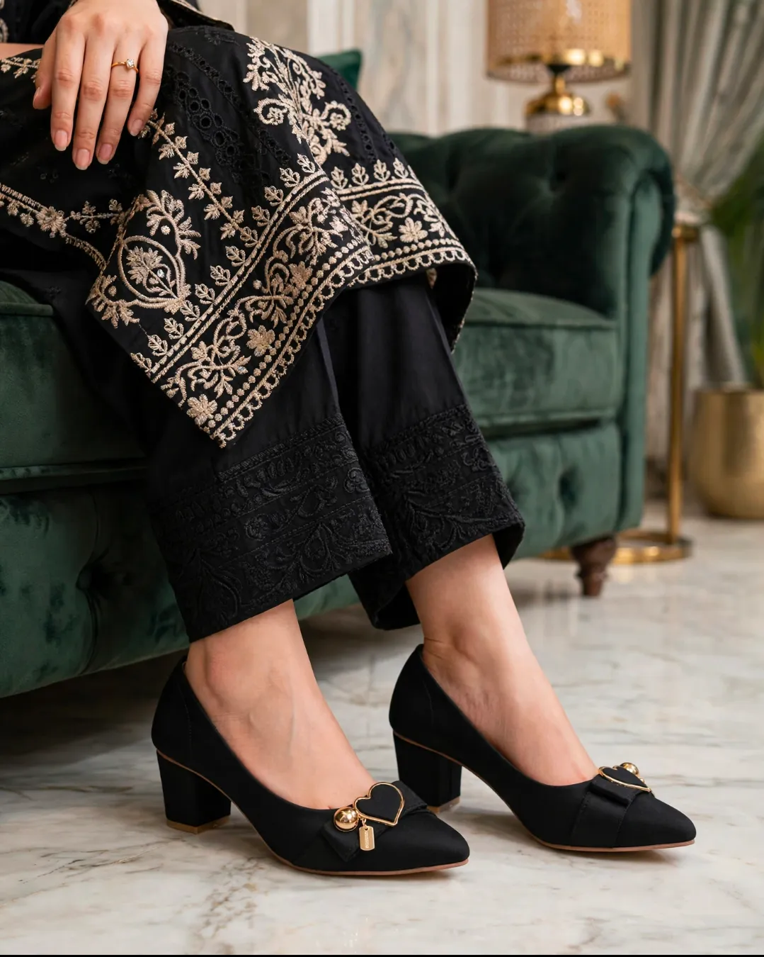 Elegant Black Block Heel Pumps with Gold Heart Detail for Women