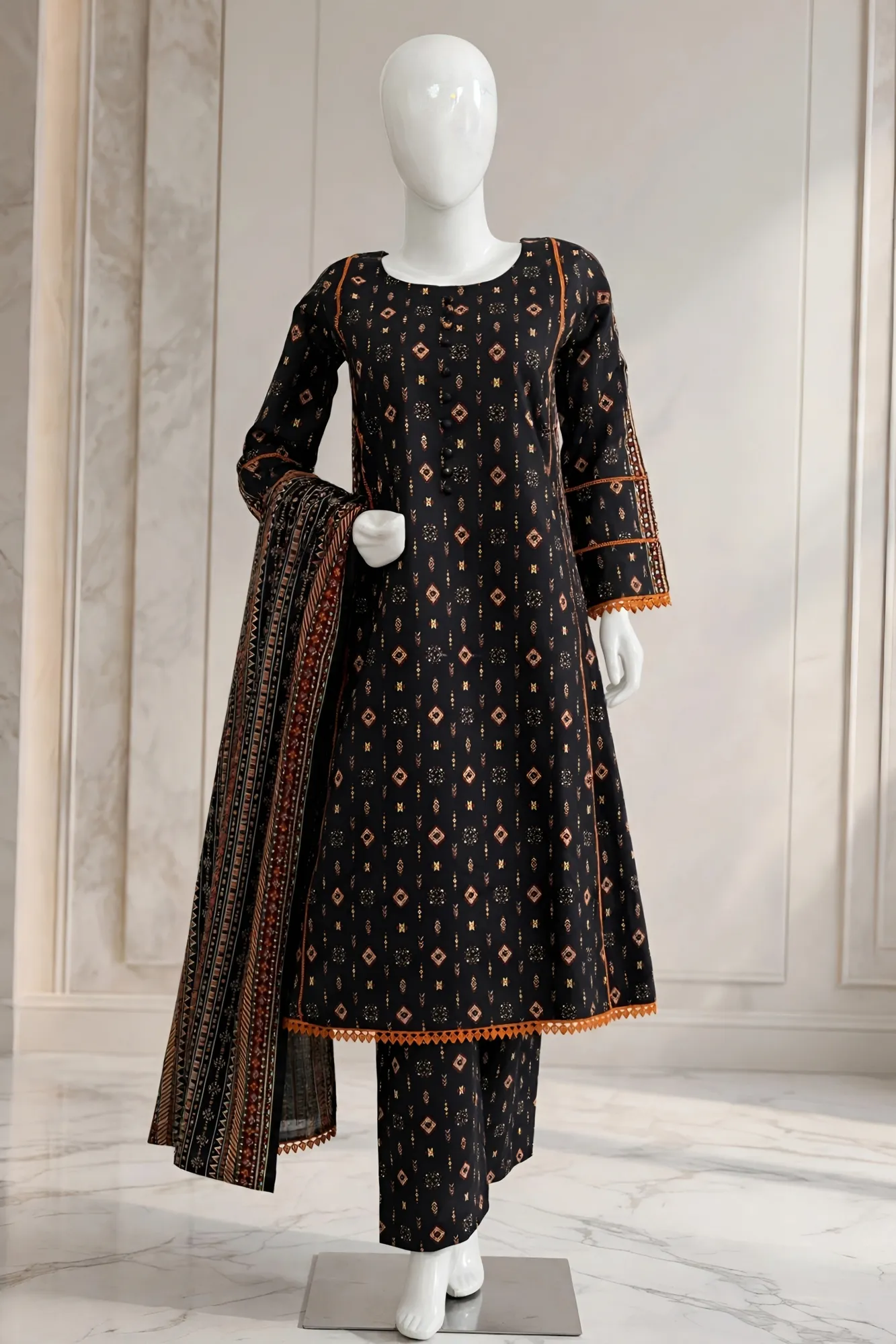 Elegant Black Printed 3-Piece Lawn Suit for Women – Premium Pakistani Collection