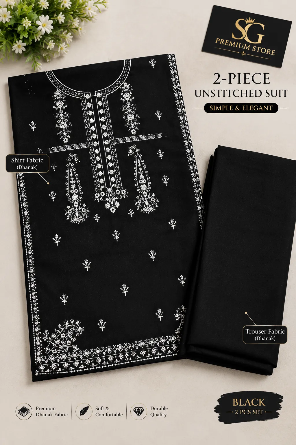 Black Embroidered 2-Piece Women's Dhanak Suit