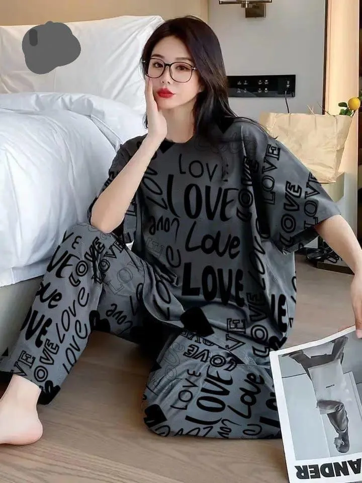 Stylish Printed Cotton Jersey Night Suit - 2 Pcs Set