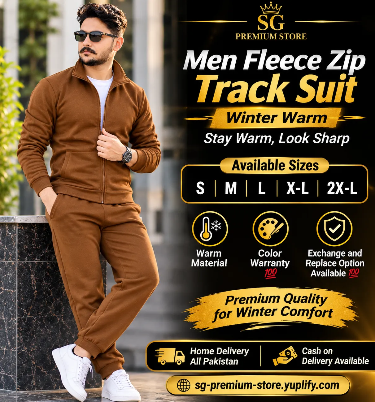 Men Fleece Zip Track Suit Brown Winter Warm