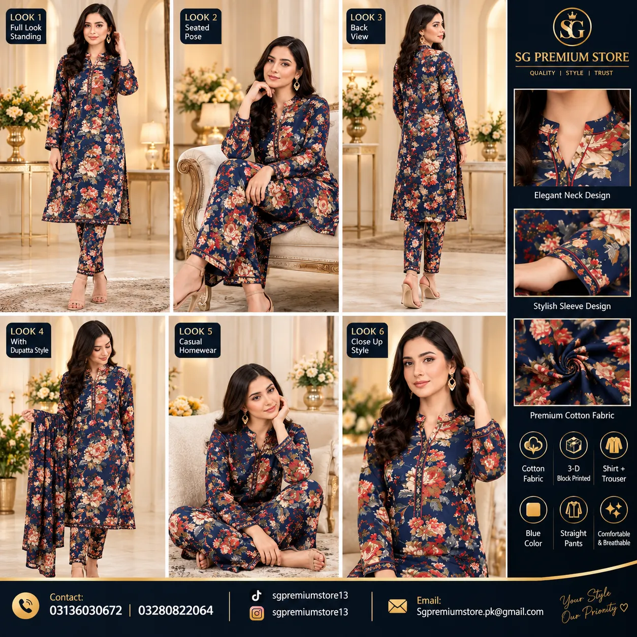 Women's 2-Piece Unstitched 3D Block Printed Cotton Suit – Navy Blue Floral
