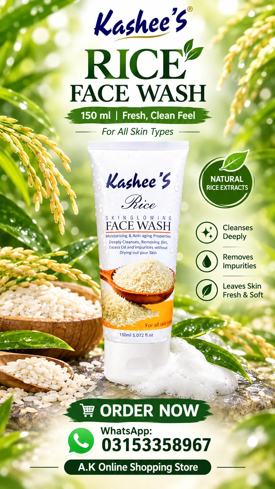 Kashee's Rice Face Wash – Whitening & Brightening Cleanser for Glowing Skin – 150ml