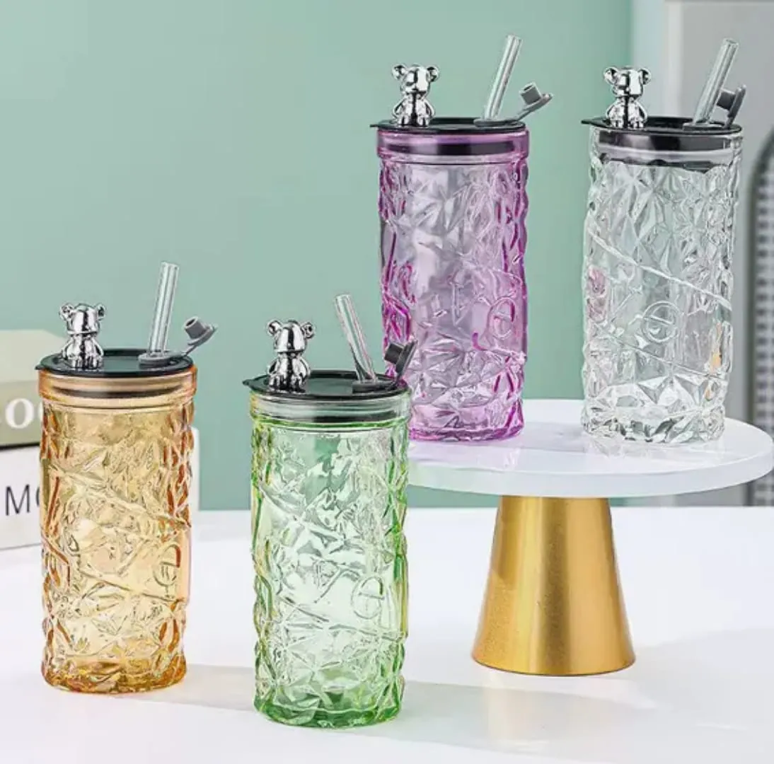 Coffee Glass with Straw and Bear Random Colors 