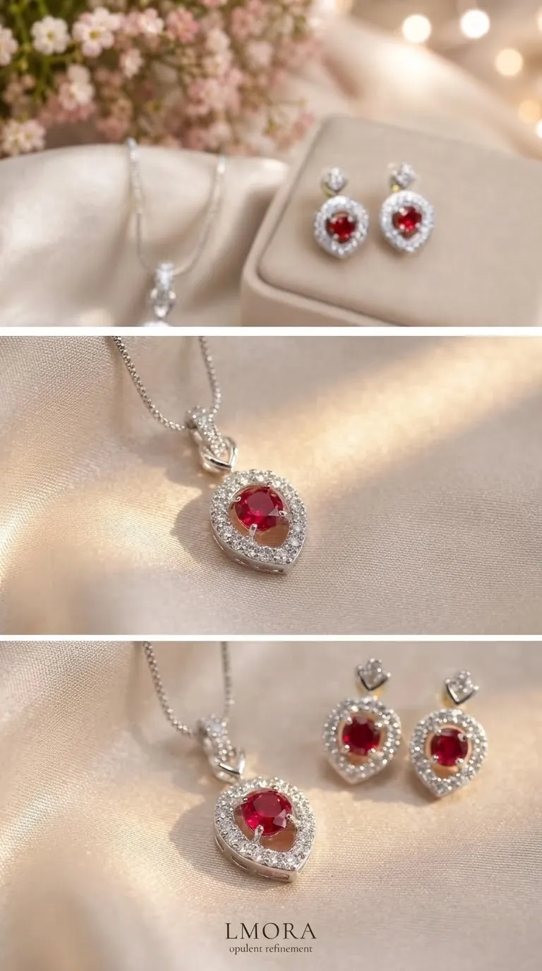 Ruby Red Pendant Necklace & Matching Earrings Se
