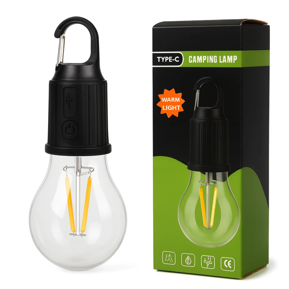Type-C Rechargeable Camping Lamp – Warm LED Light with Carabiner Hook