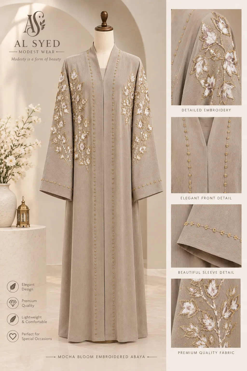 Mocha Bloom Embroidered Abaya