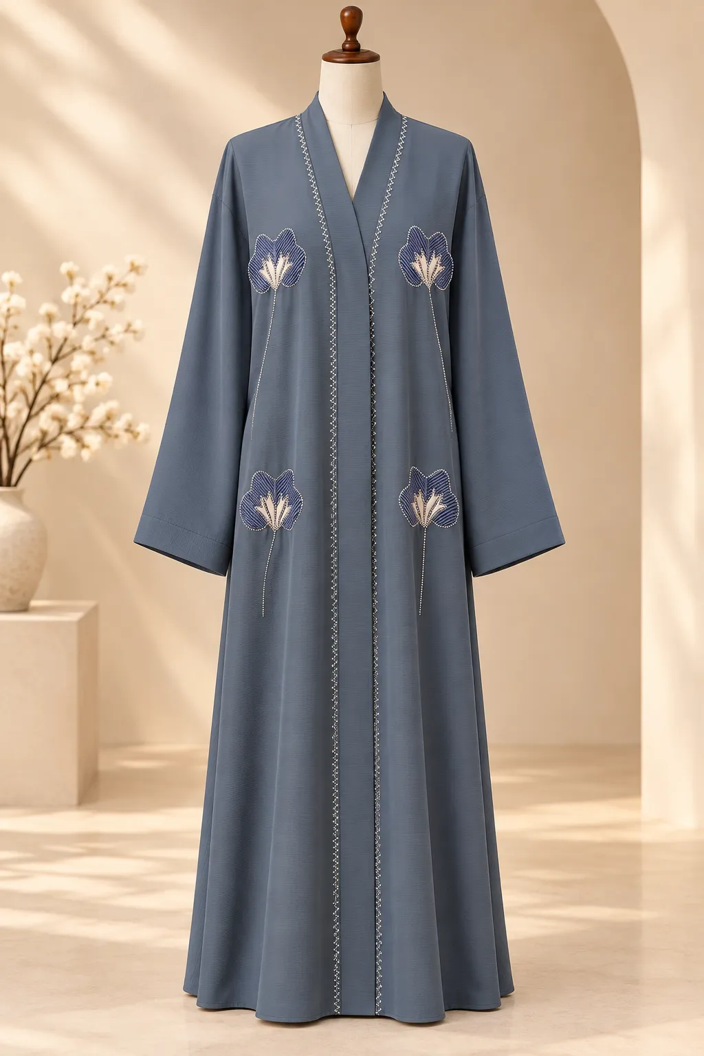 Slate Blue Floral Embroidered Abaya