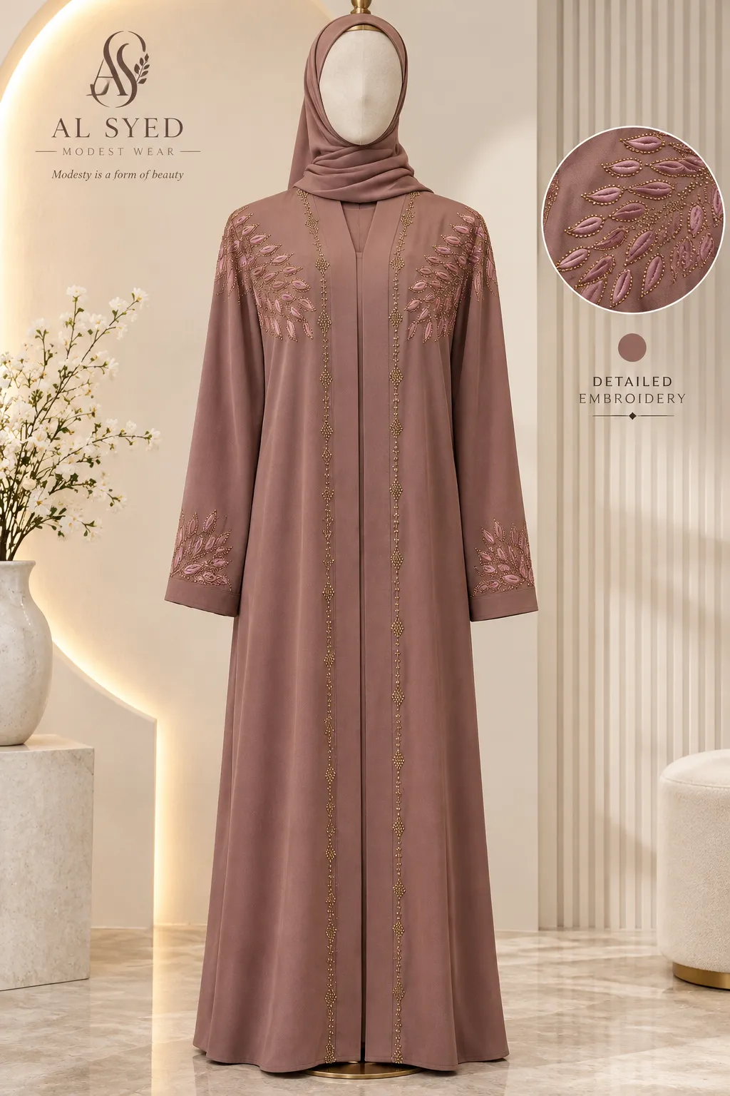 Dusty Mauve Embroidered Luxury Abaya