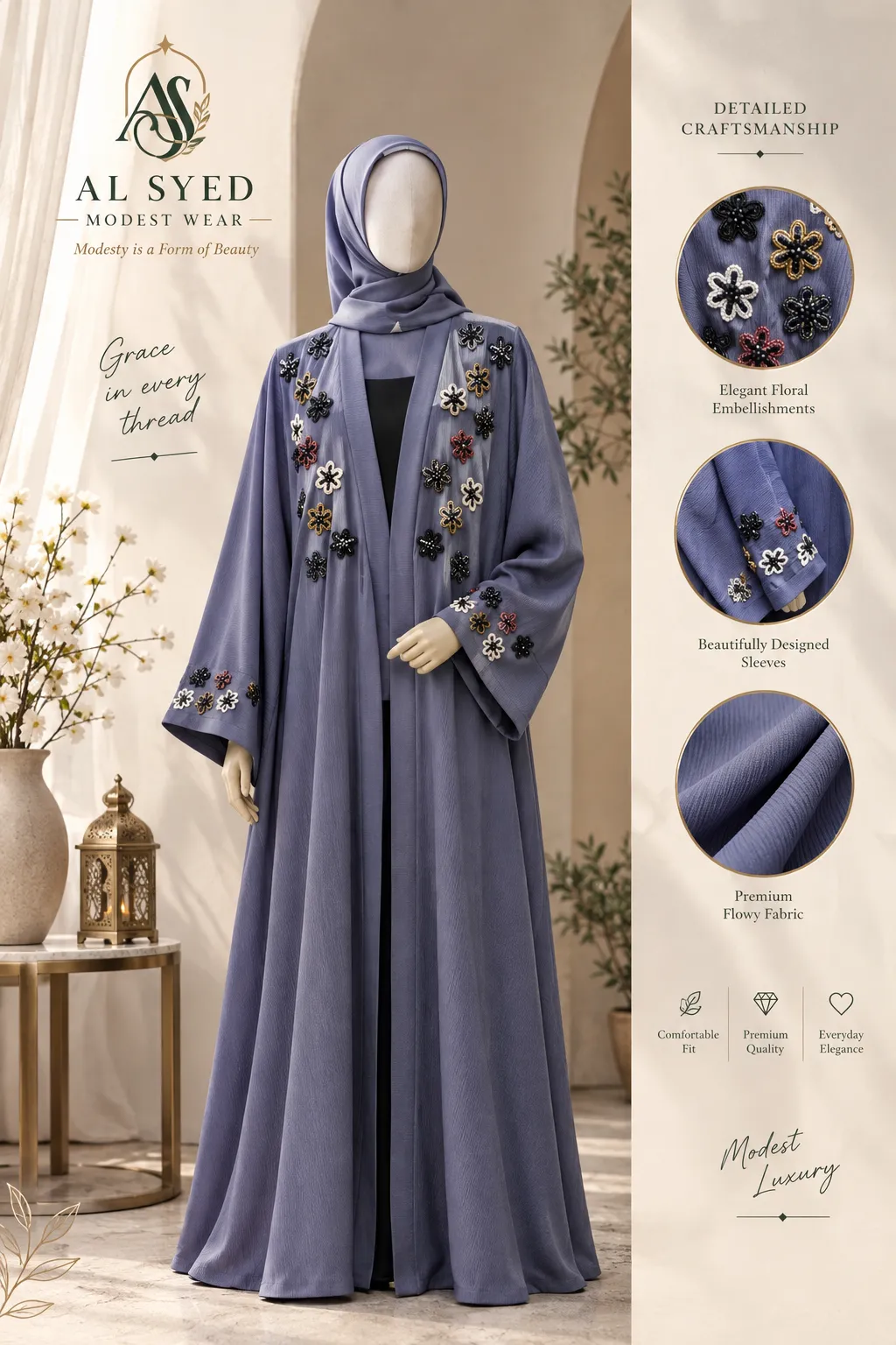 Lavender Floral Embellished Abaya