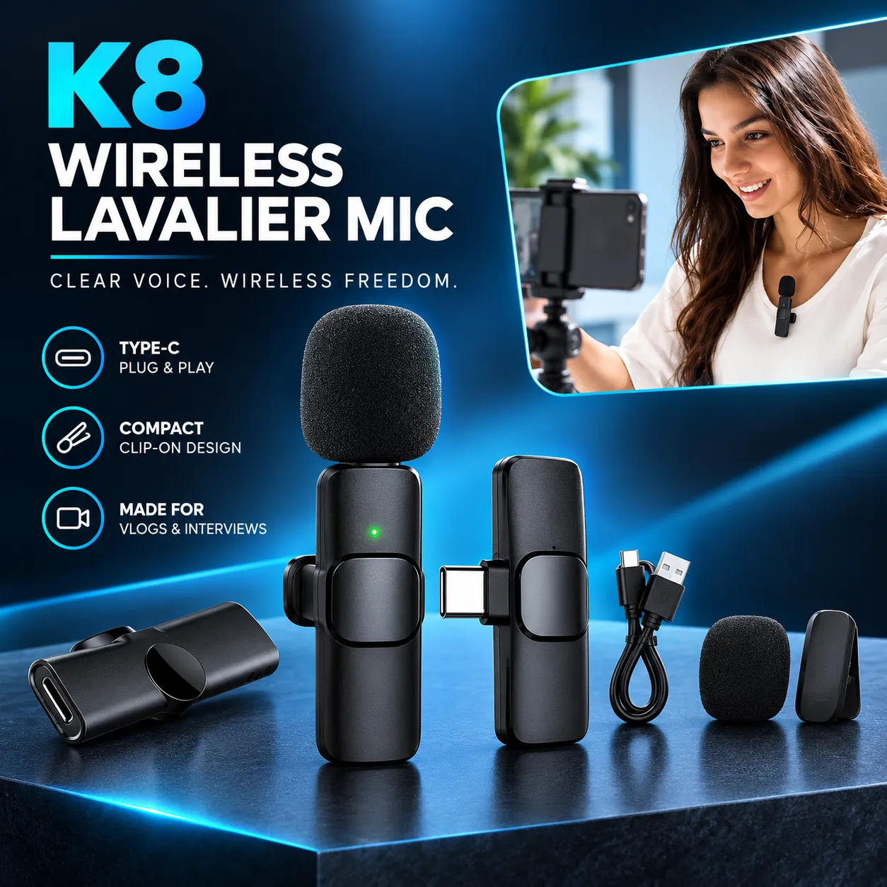 K8 Type-C Wireless Lavalier Microphone Professional HD Audio Recording with Crystal-Clear Sound & Noise Reduction