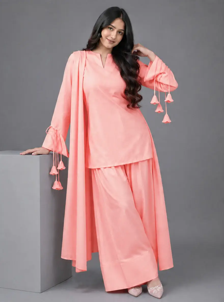 3 Pcs Women's Stitched Linen Plain Suit – Peach