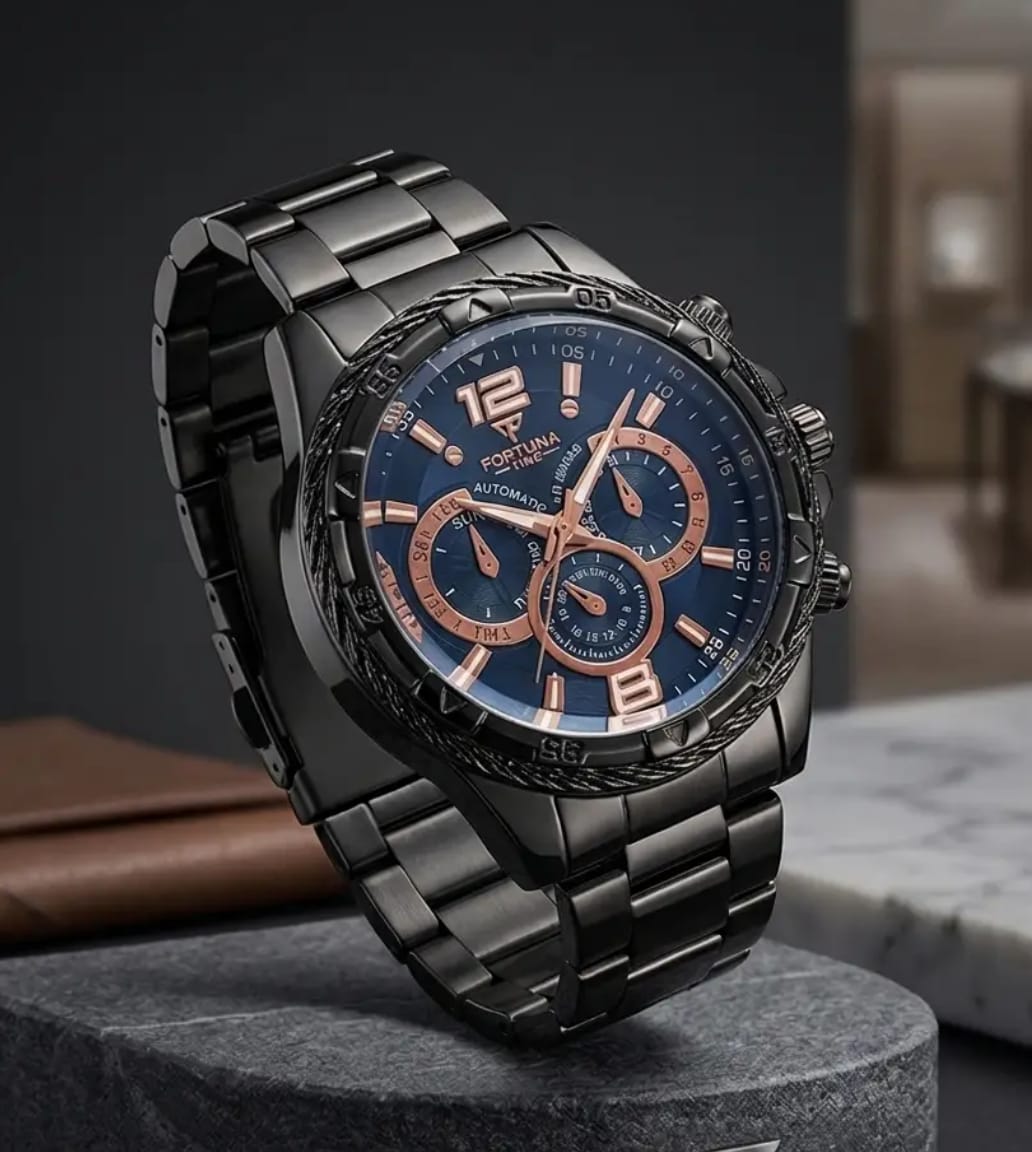 ⌚ Luxury Black Stainless Steel Chronograph Watch – Blue & Rose Gold Dial