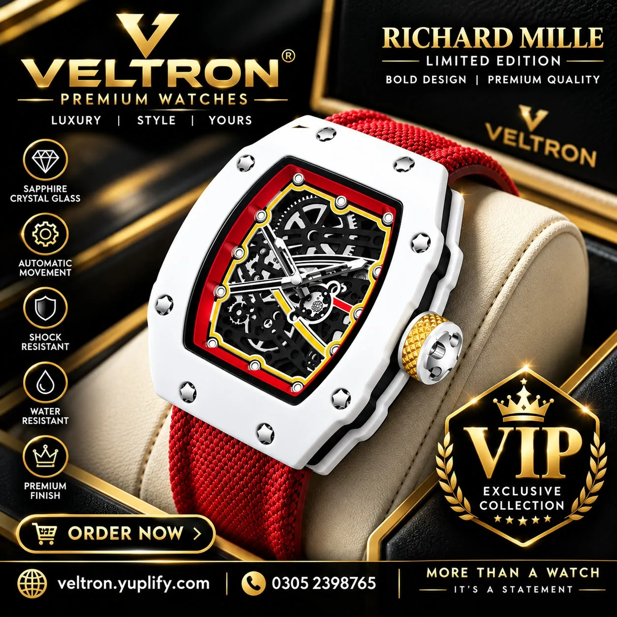 Luxury Richard Mille Limited Edition Skeleton Automatic Watch – White & Red Edition