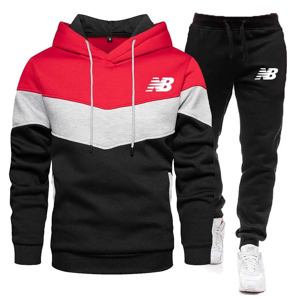 Men Color-block Hoodie & Sweatpants Set White Navy Gray