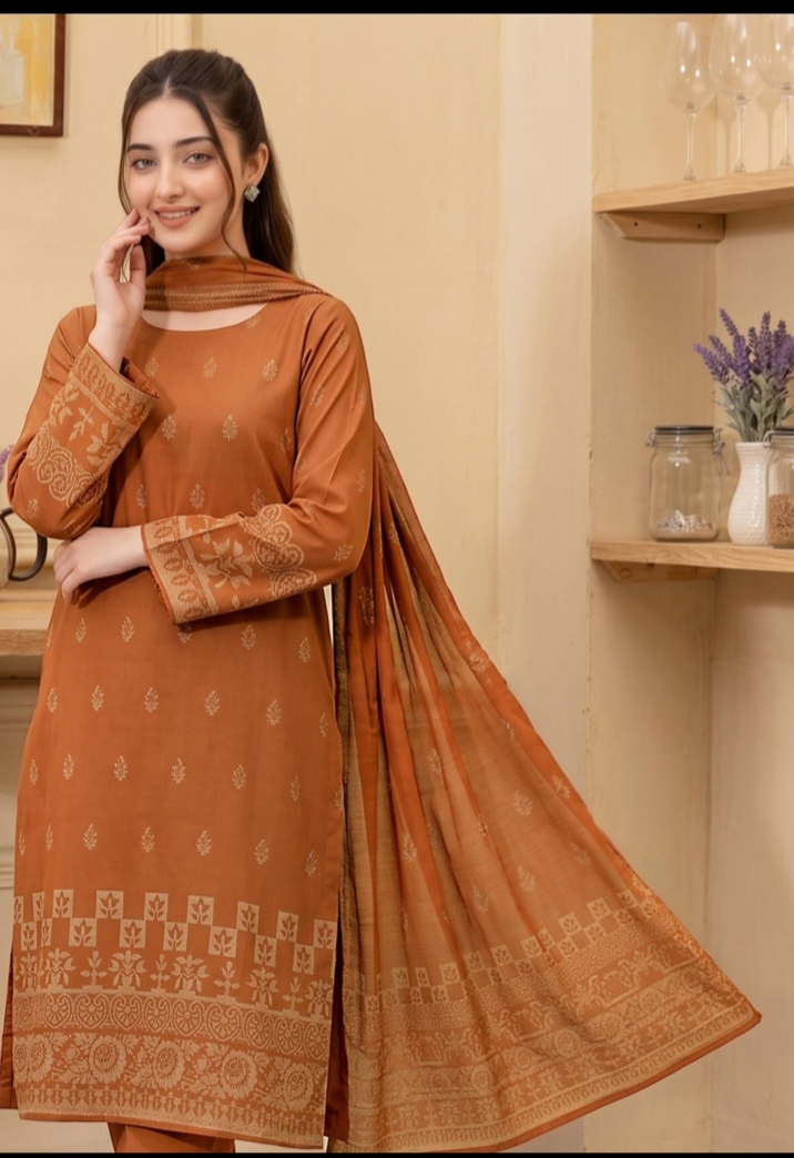 Staple Viscose Jacquard Brosha – 3-Piece Rust Suit