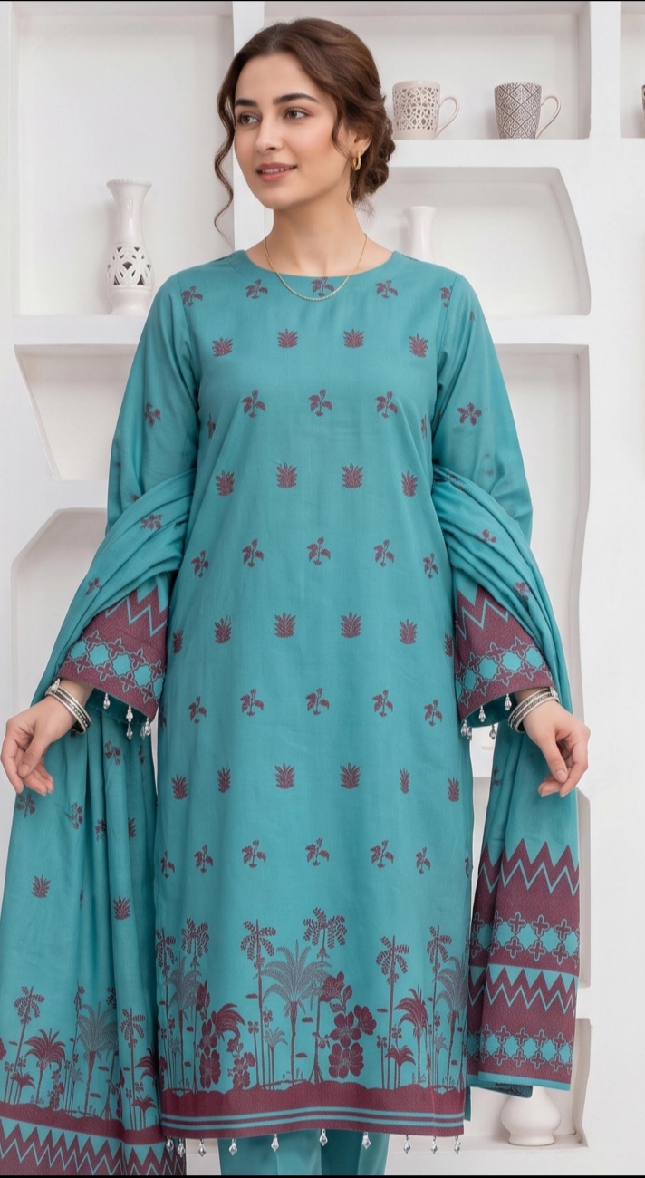 Winter Staple Viscose Jacquard 3-Piece unstiched Suit - Teal Blue